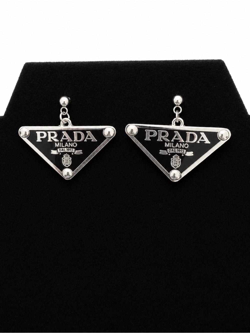 Prada Silver-Tone Black Triangle Logo Drop Earrings